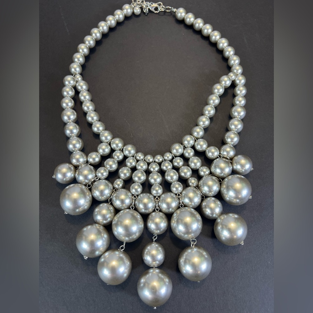 New Satin Silver Multi Layer Necklace with Cascading Faux Pearls - Picture 2 of 6